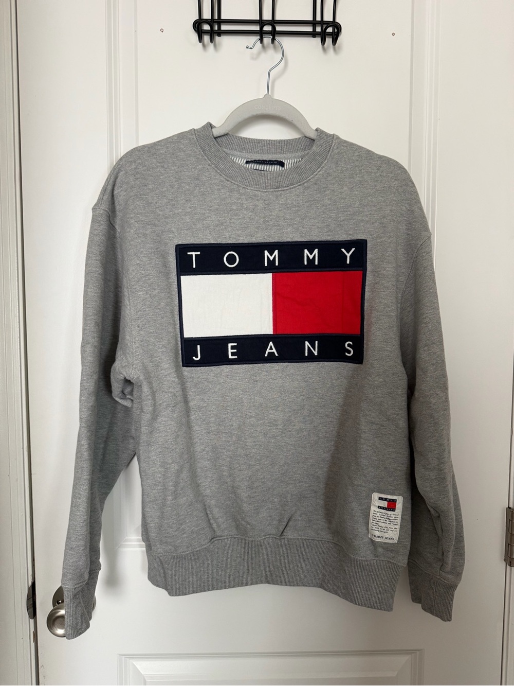 Tommy Hilfiger Gray Crewneck Sweatshirt with Red & White Flag Logo